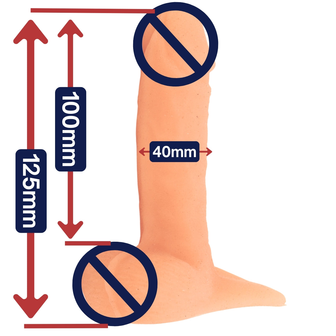 125mm size guide, packer from the signature series by Get Strapt, circumcised prosthetic penis.